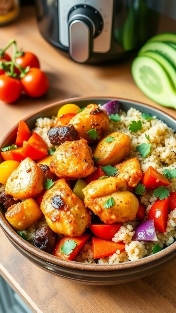 A delicious air fryer one-pot meal with chicken, vegetables, and quinoa, garnished with herbs.